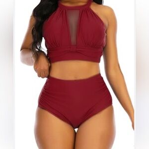 Womens High Waisted Bikini Mesh Halter Top Sexy Plunge Backless High Neck Swim L